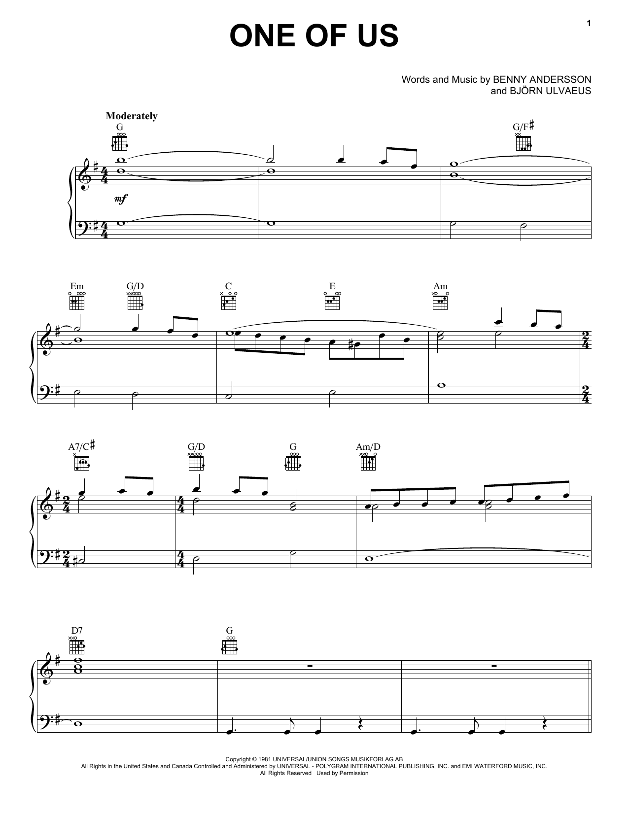 Download ABBA One Of Us (from Mamma Mia! Here We Go Again) Sheet Music and learn how to play Easy Piano PDF digital score in minutes