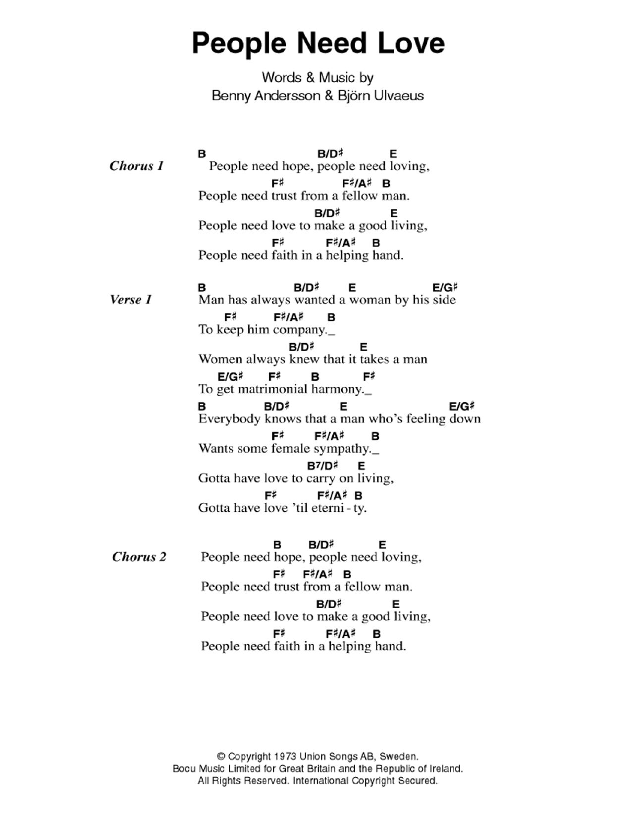 Download ABBA People Need Love Sheet Music and learn how to play Lyrics & Chords PDF digital score in minutes