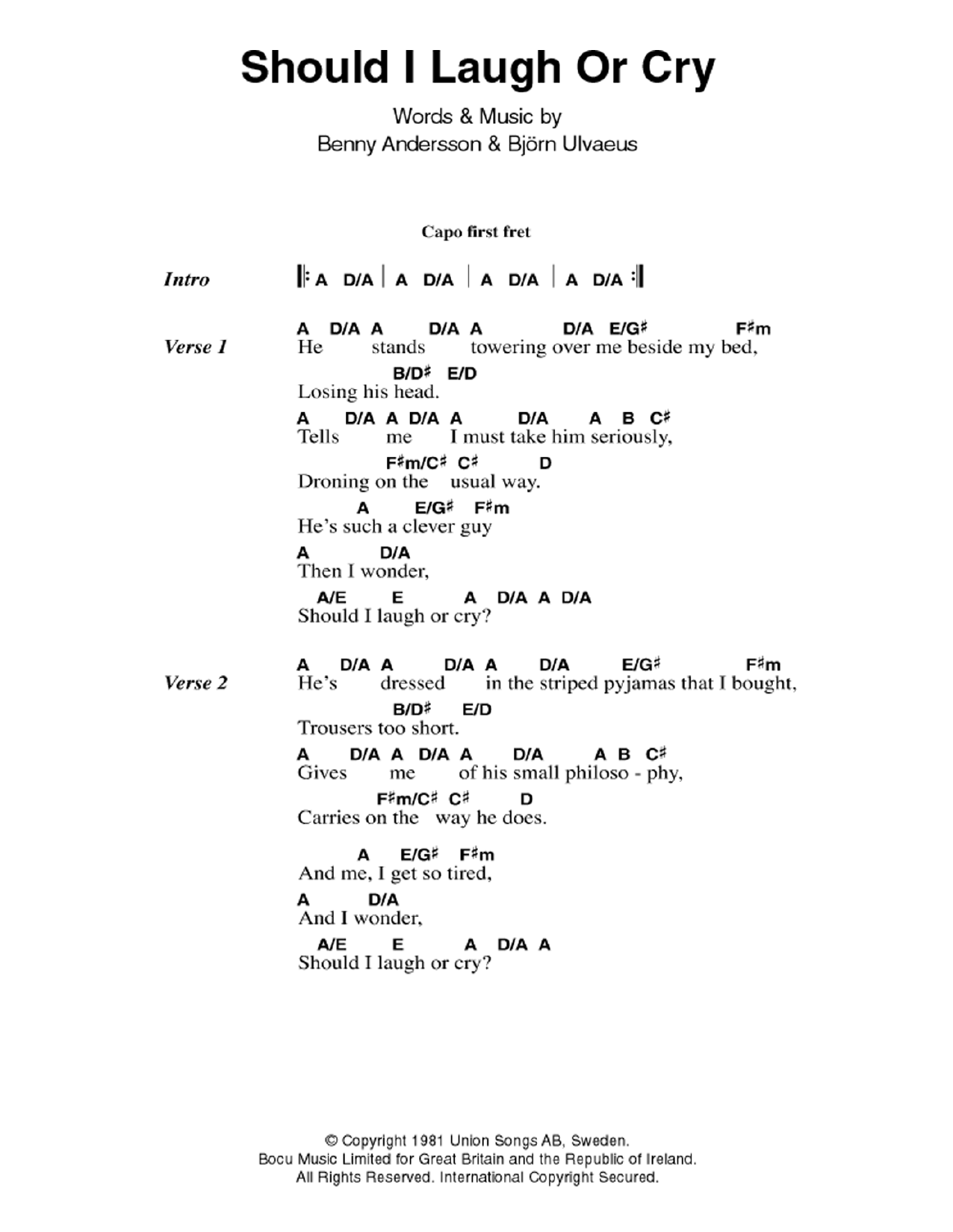 Download ABBA Should I Laugh Or Cry Sheet Music and learn how to play Lyrics & Chords PDF digital score in minutes