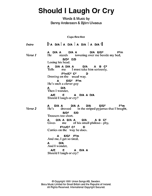 Download ABBA Should I Laugh Or Cry Sheet Music and learn how to play Lyrics & Chords PDF digital score in minutes