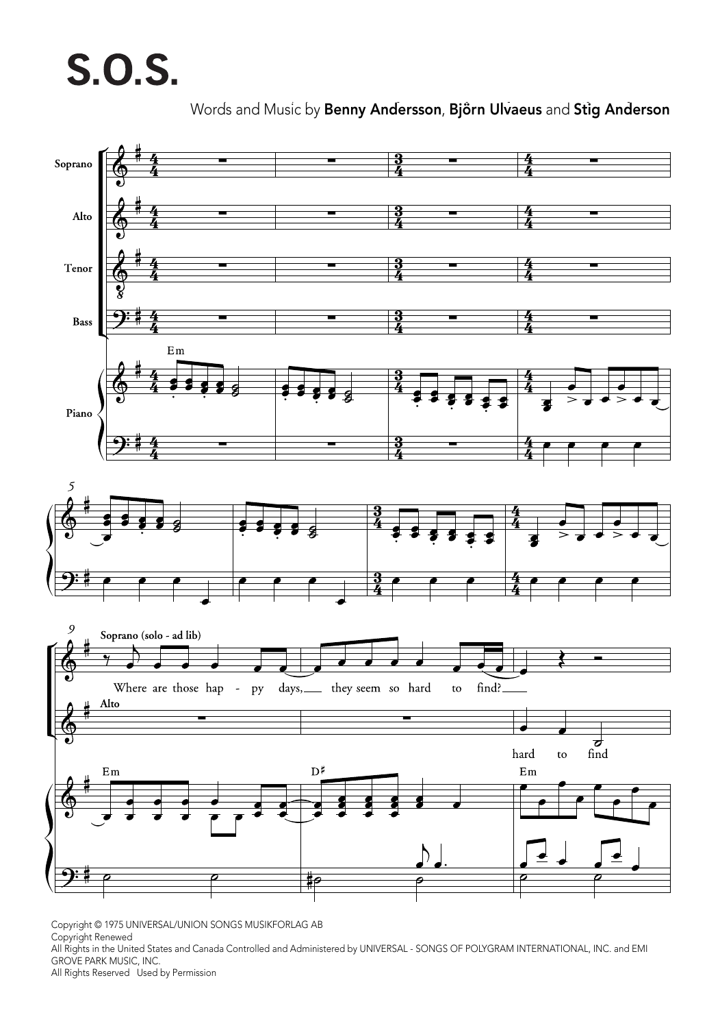 Download ABBA S.O.S. (arr. Ralph Allwood & Lora Sansun) Sheet Music and learn how to play SATB Choir PDF digital score in minutes