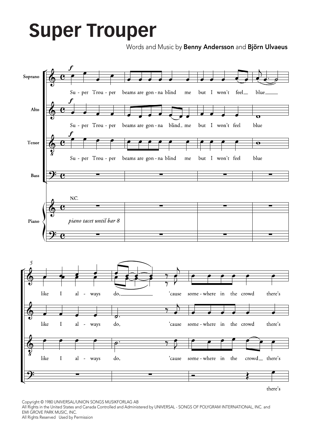 Download ABBA Super Trouper (arr. Ralph Allwood & Lora Sansun) Sheet Music and learn how to play SATB Choir PDF digital score in minutes