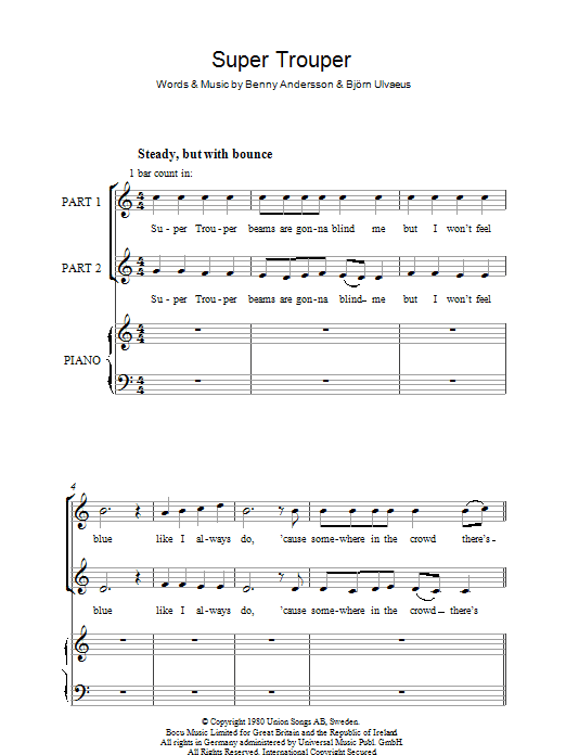 Download ABBA Super Trouper Sheet Music and learn how to play 2-Part Choir PDF digital score in minutes