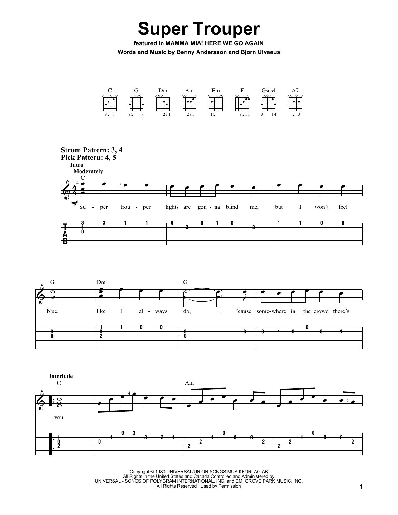 Download ABBA Super Trouper (from Mamma Mia! Here We Go Again) Sheet Music and learn how to play Easy Guitar Tab PDF digital score in minutes