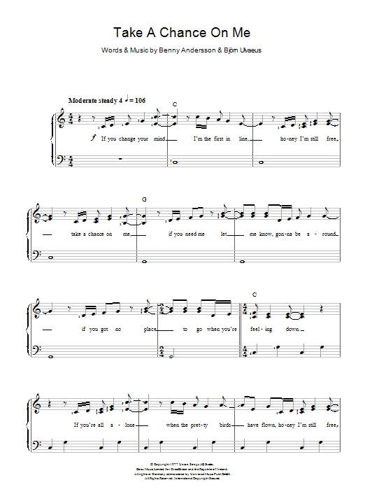 Download ABBA Take A Chance On Me Sheet Music and learn how to play Piano & Vocal PDF digital score in minutes