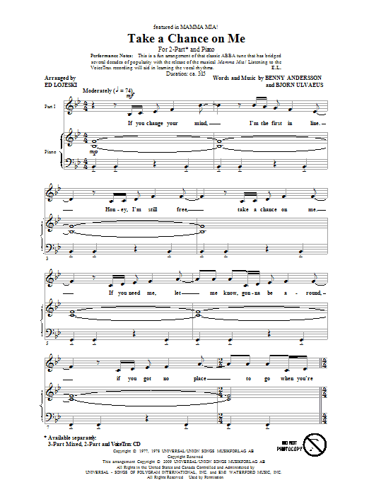Download Ed Lojeski Take A Chance On Me Sheet Music and learn how to play 2-Part Choir PDF digital score in minutes