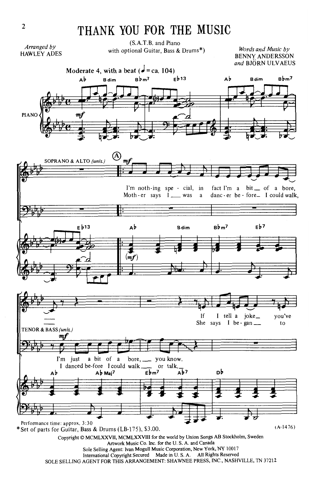Download ABBA Thank You For The Music (arr. Hawley Ades) Sheet Music and learn how to play SATB Choir PDF digital score in minutes