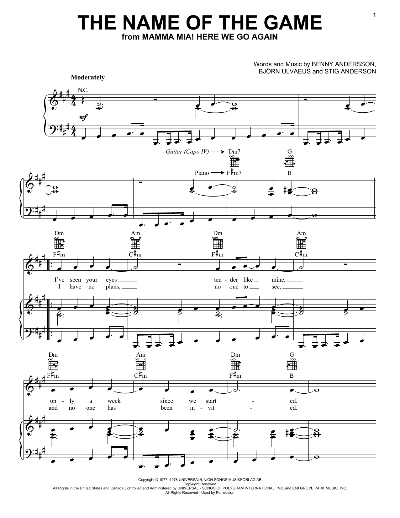 Download ABBA The Name Of The Game (from Mamma Mia! Here We Go Again) Sheet Music and learn how to play Piano, Vocal & Guitar Chords (Right-Hand Melody) PDF digital score in minutes