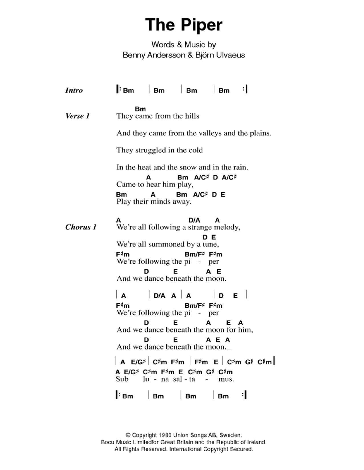 Download ABBA The Piper Sheet Music and learn how to play Lyrics & Chords PDF digital score in minutes