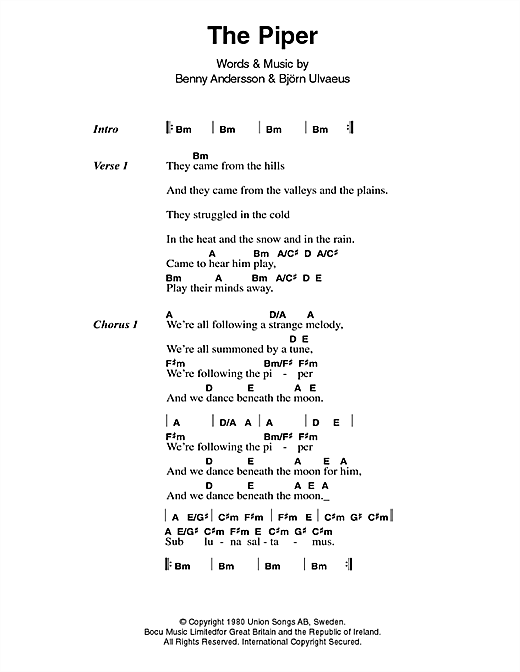 Download ABBA The Piper Sheet Music and learn how to play Lyrics & Chords PDF digital score in minutes