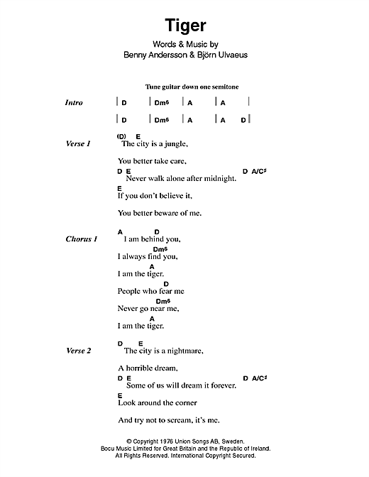 Download ABBA Tiger Sheet Music and learn how to play Lyrics & Chords PDF digital score in minutes
