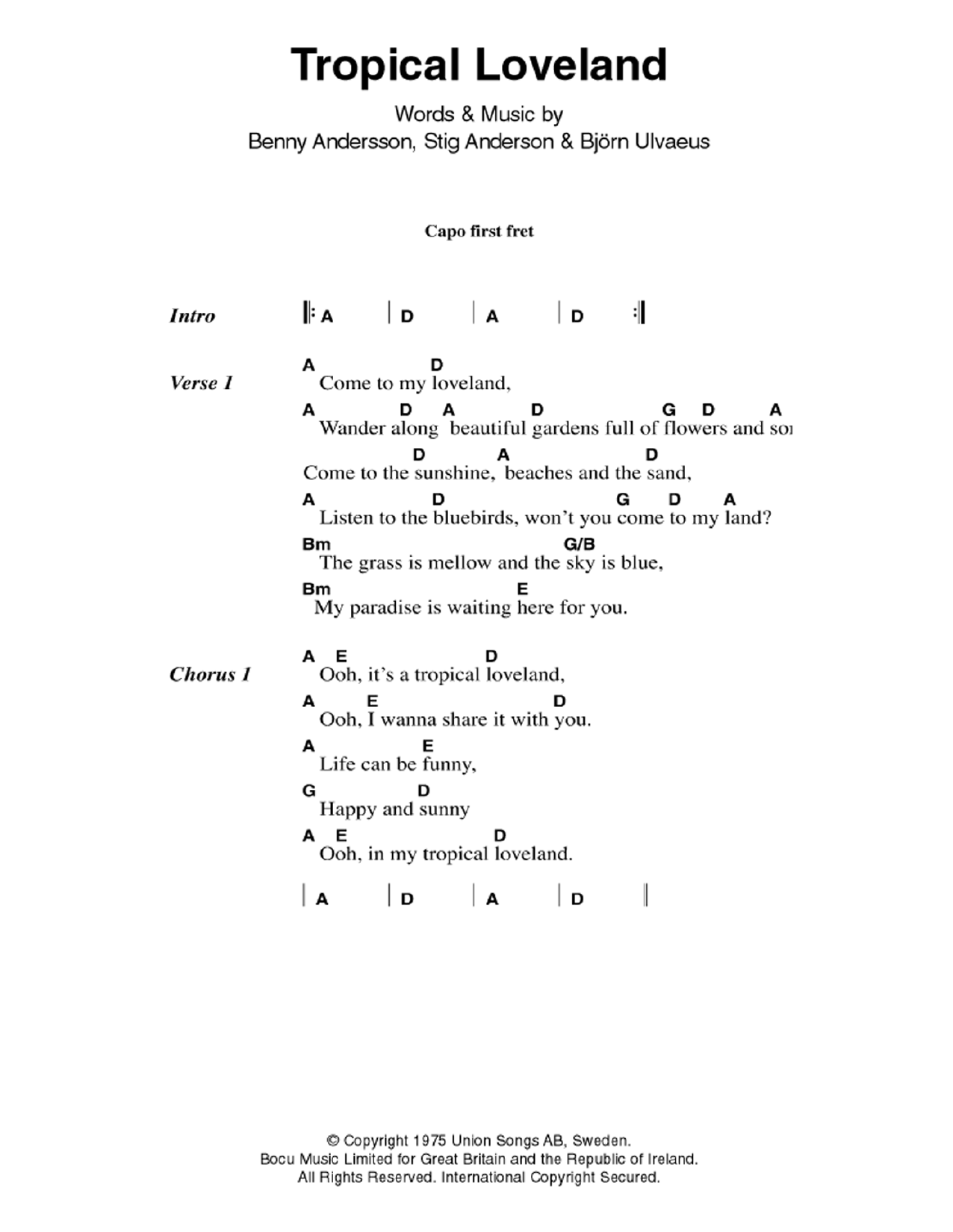 Download ABBA Tropical Loveland Sheet Music and learn how to play Lyrics & Chords PDF digital score in minutes