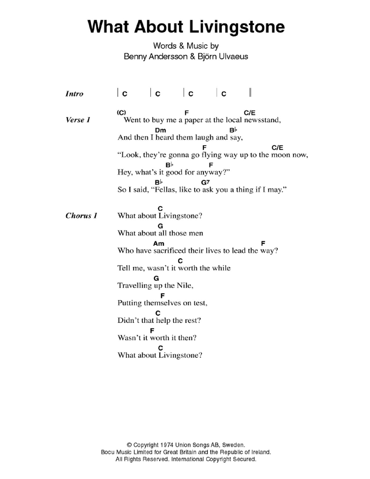 Download ABBA What About Livingstone Sheet Music and learn how to play Lyrics & Chords PDF digital score in minutes