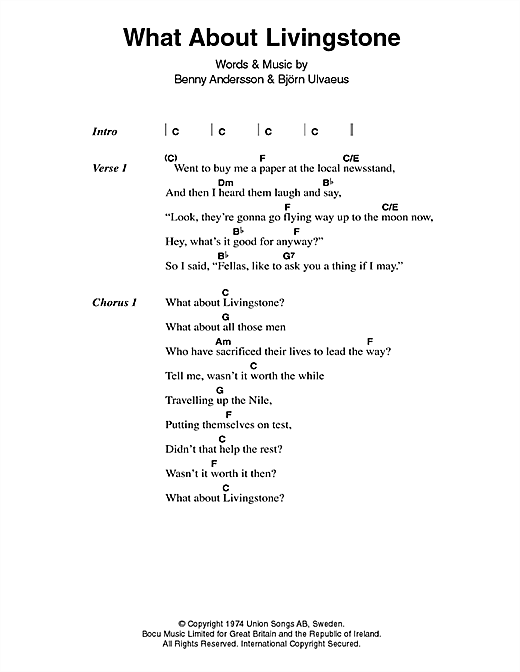 Download ABBA What About Livingstone Sheet Music and learn how to play Lyrics & Chords PDF digital score in minutes