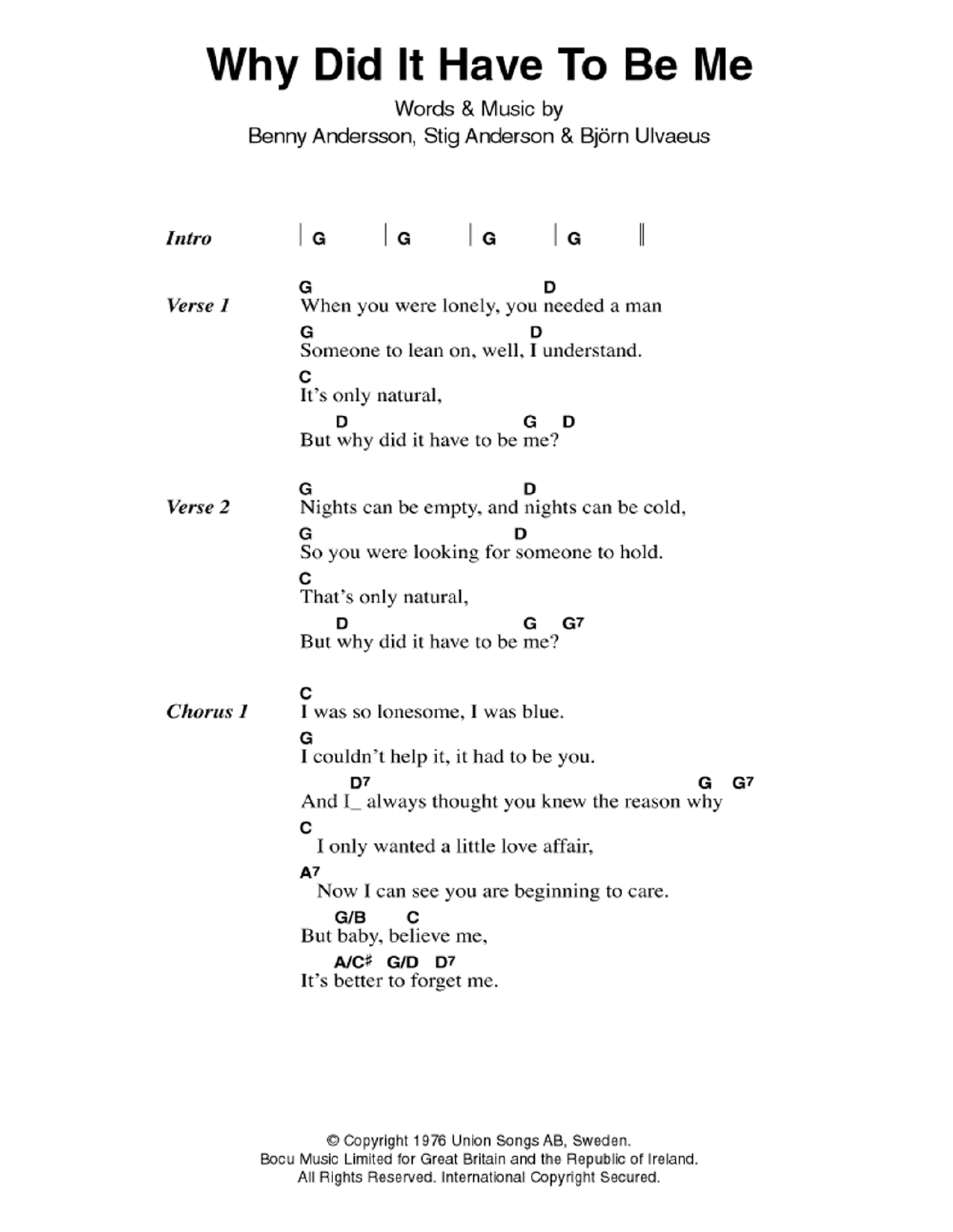 Download ABBA Why Did It Have To Be Me Sheet Music and learn how to play Lyrics & Chords PDF digital score in minutes