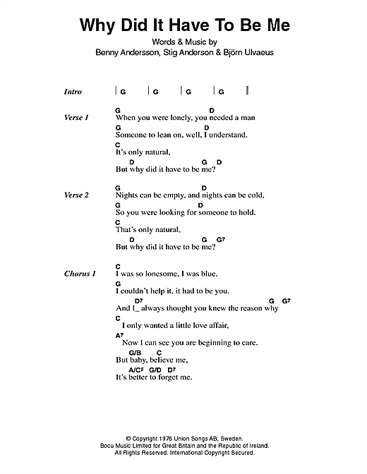 Download ABBA Why Did It Have To Be Me Sheet Music and learn how to play Lyrics & Chords PDF digital score in minutes
