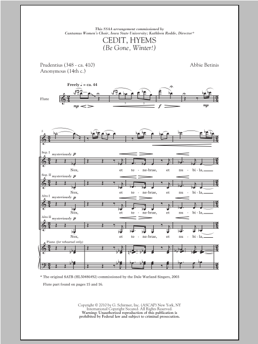 Download Abbie Betinis Cedit, Hyems (Be Gone, Winter!) Sheet Music and learn how to play SSA PDF digital score in minutes