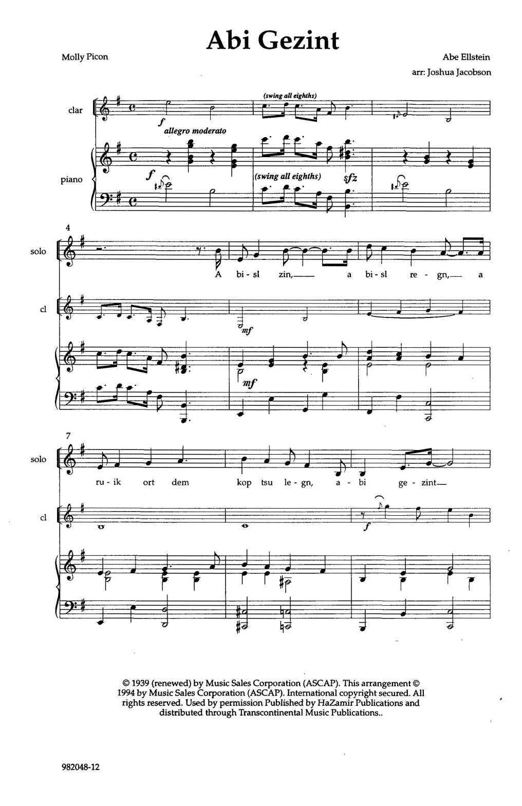 Download Abe Ellstein Abi Gezint (arr. Joshua Jacobson) Sheet Music and learn how to play SATB Choir PDF digital score in minutes