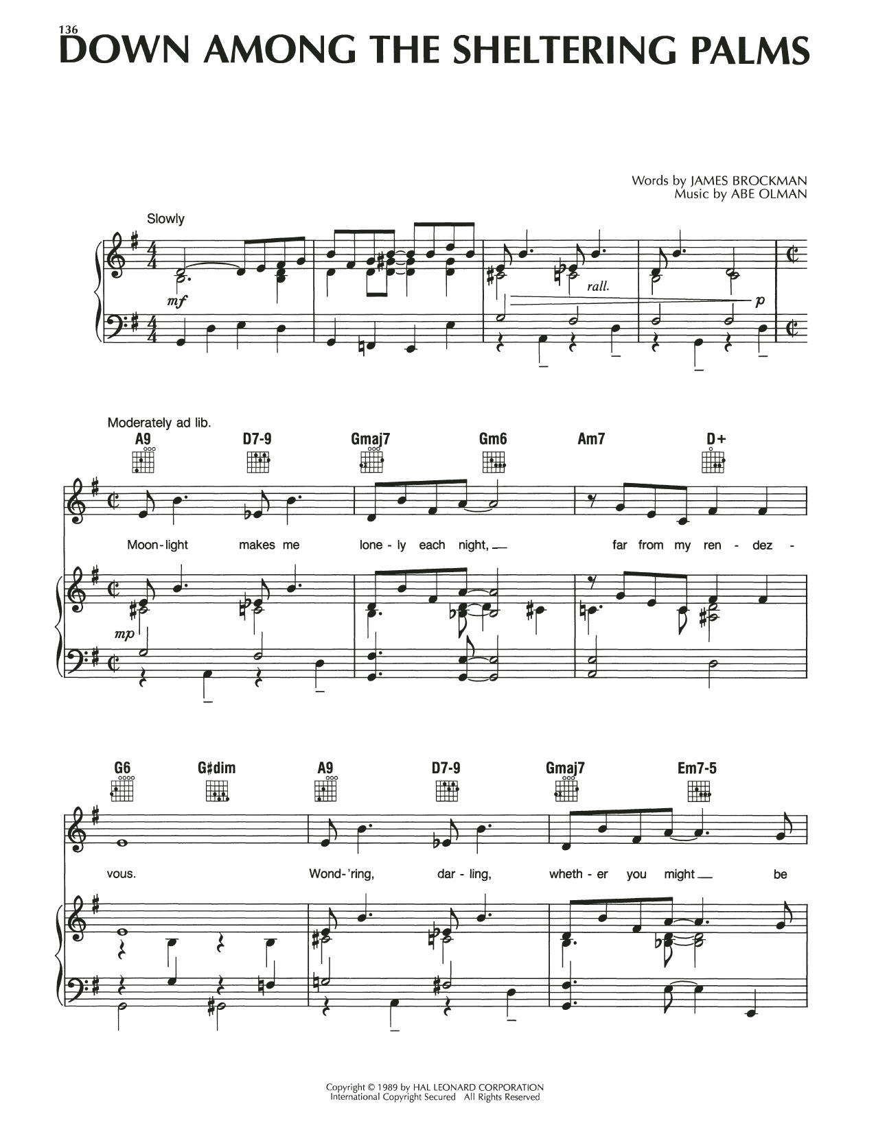 Download Abe Olman Down Among The Sheltering Palms Sheet Music and learn how to play Piano, Vocal & Guitar Chords (Right-Hand Melody) PDF digital score in minutes