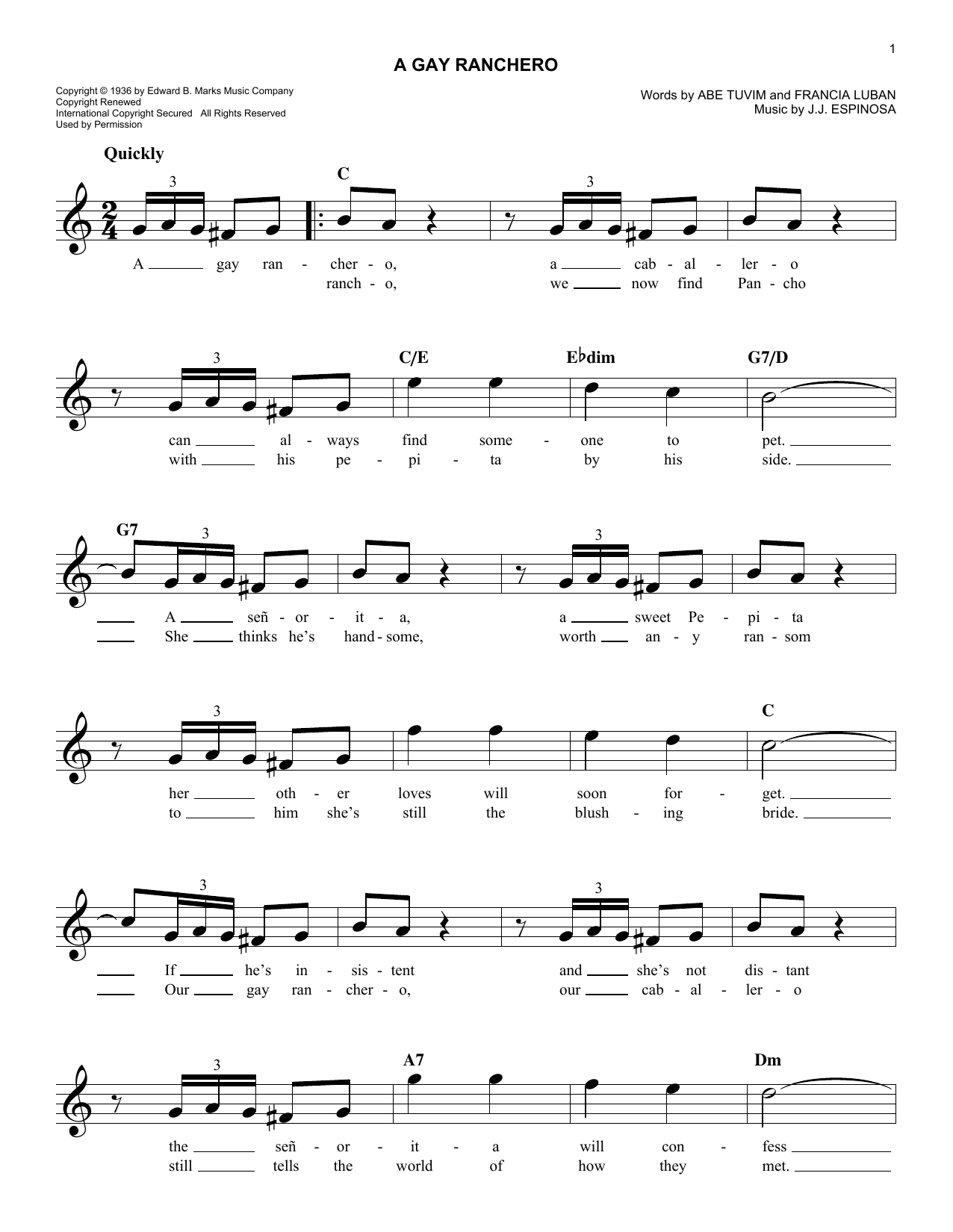 Download Abe Tuvim A Gay Ranchero Sheet Music and learn how to play Piano, Vocal & Guitar Chords (Right-Hand Melody) PDF digital score in minutes