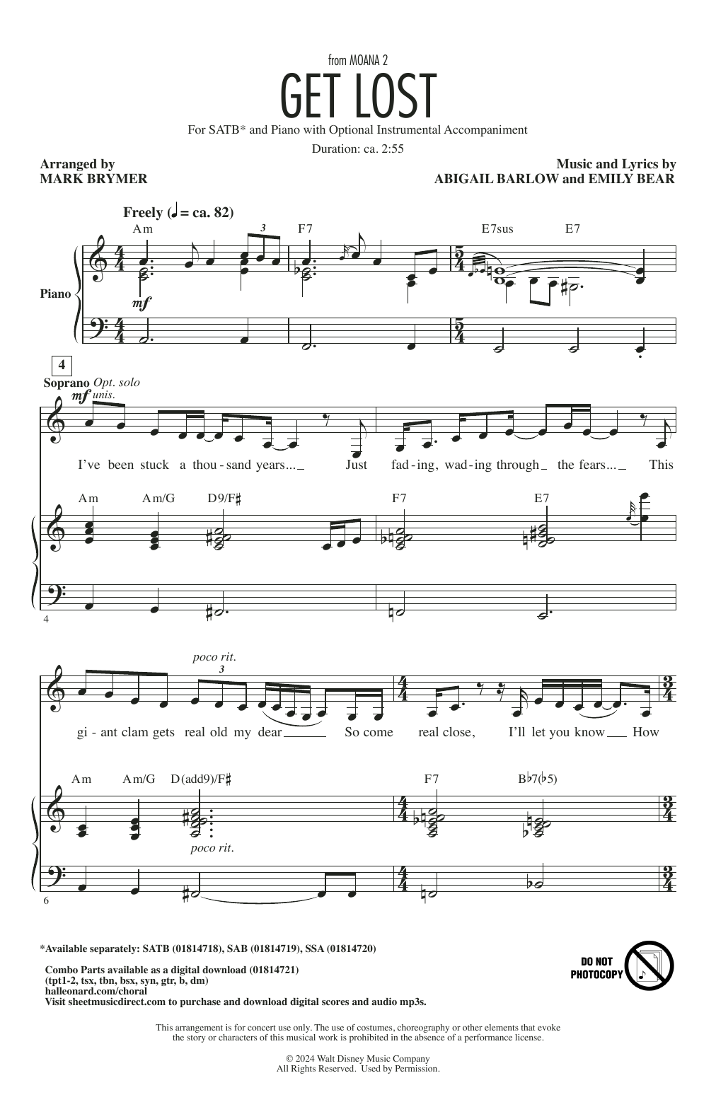 Download Abigail Barlow & Emily Bear Get Lost (from Moana 2) (arr. Mark Brymer) Sheet Music and learn how to play SATB Choir PDF digital score in minutes