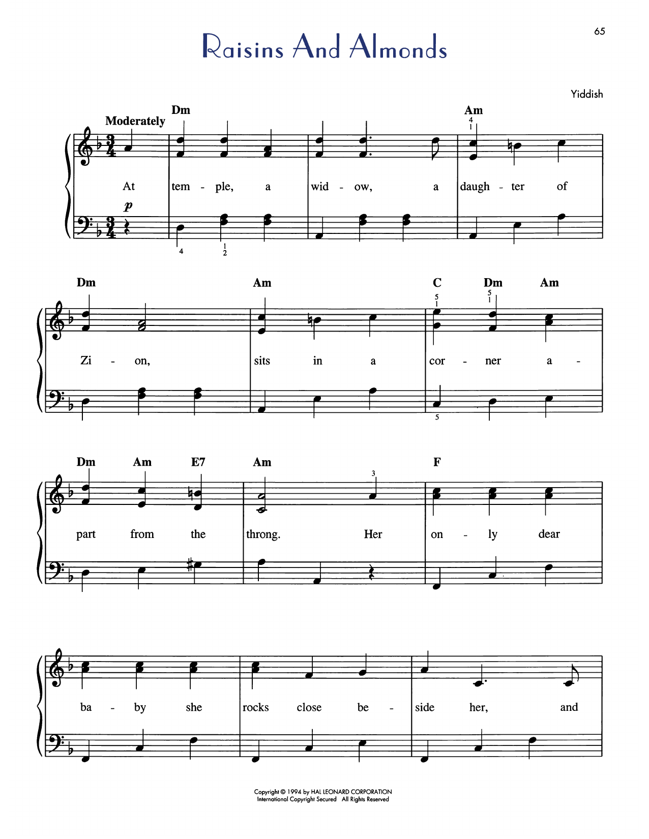 Download Abraham Goldfaden Rozhinkes Mit Mandlen (Raisins And Almonds) Sheet Music and learn how to play Easy Piano PDF digital score in minutes