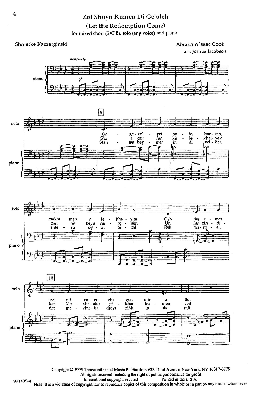 Download Abraham Isaac Cook Zol Shoyn Kumen Di Ge'uleh (Let the Redemption Come) (arr. Joshua Jacobson) Sheet Music and learn how to play SATB Choir PDF digital score in minutes