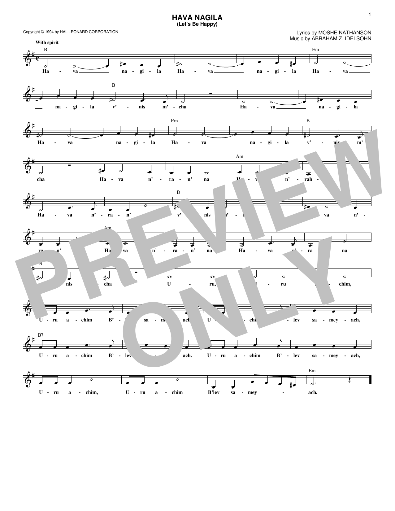 Download Moshe Nathanson Hava Nagila (Let's Be Happy) Sheet Music and learn how to play Melody Line, Lyrics & Chords PDF digital score in minutes