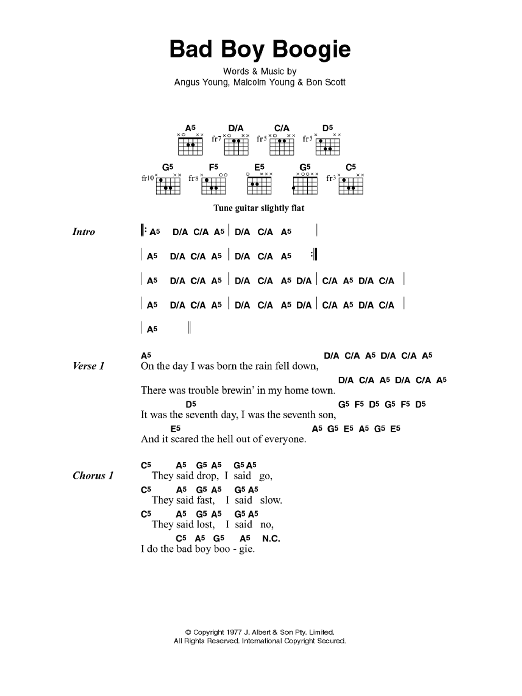 Download AC/DC Bad Boy Boogie Sheet Music and learn how to play Lyrics & Chords PDF digital score in minutes