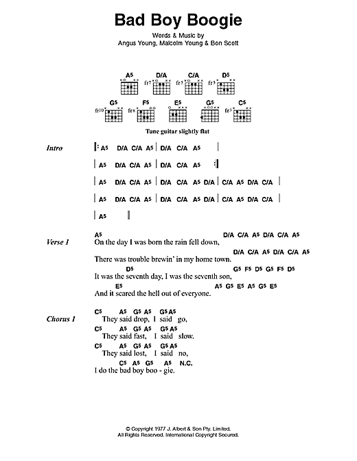 Download AC/DC Bad Boy Boogie Sheet Music and learn how to play Lyrics & Chords PDF digital score in minutes