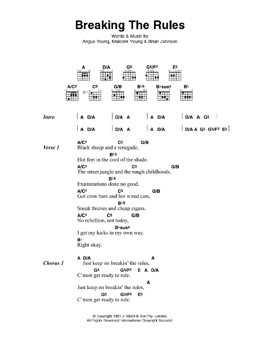 Download AC/DC Breaking The Rules Sheet Music and learn how to play Lyrics & Chords PDF digital score in minutes