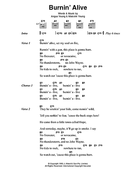 Download AC/DC Burnin' Alive Sheet Music and learn how to play Lyrics & Chords PDF digital score in minutes