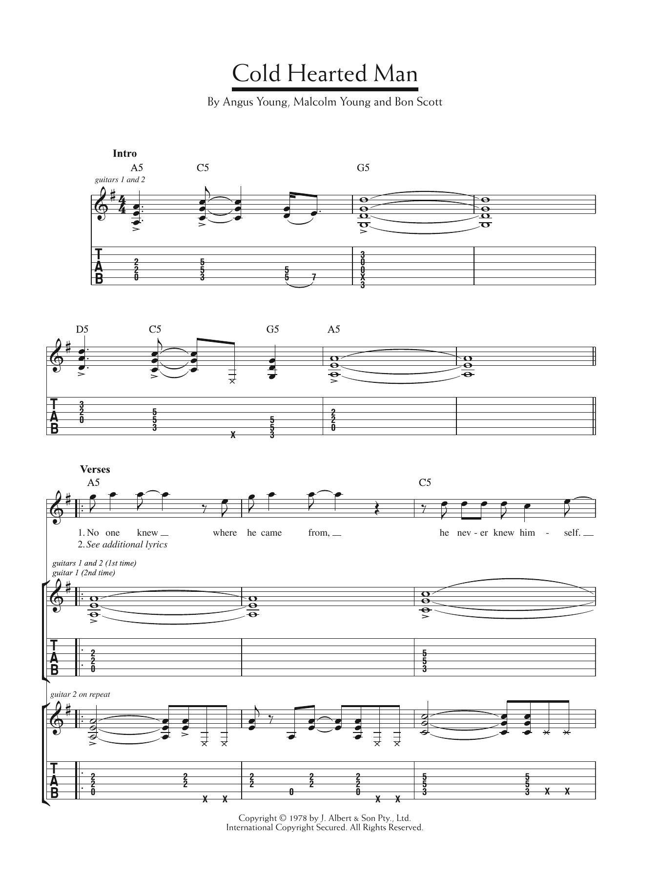 Download AC/DC Cold Hearted Man Sheet Music and learn how to play Guitar Tab PDF digital score in minutes