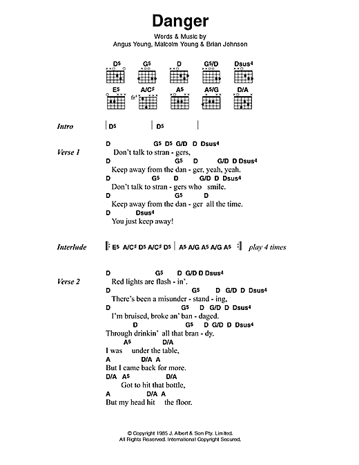 Download AC/DC Danger Sheet Music and learn how to play Lyrics & Chords PDF digital score in minutes