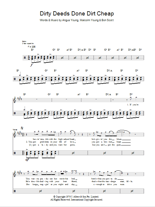 Download AC/DC Dirty Deeds Done Dirt Cheap Sheet Music and learn how to play Drums PDF digital score in minutes