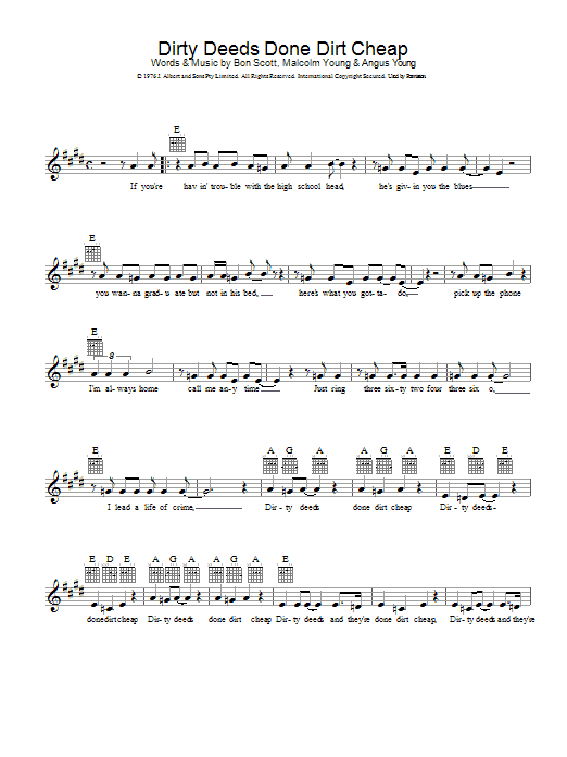 Download AC/DC Dirty Deeds Done Dirt Cheap Sheet Music and learn how to play Lyrics & Chords PDF digital score in minutes