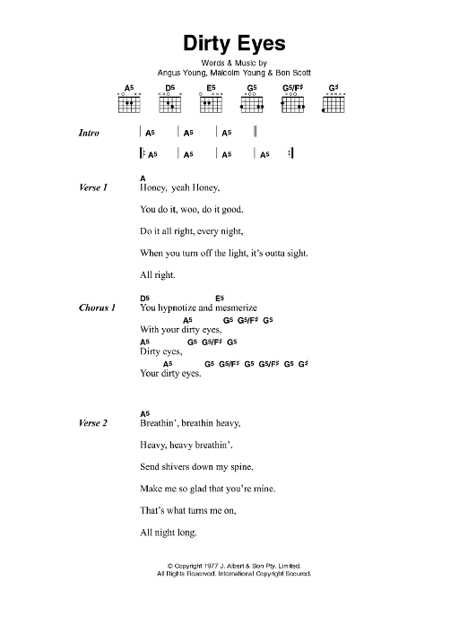 Download AC/DC Dirty Eyes Sheet Music and learn how to play Lyrics & Chords PDF digital score in minutes