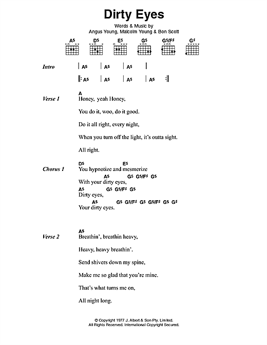 Download AC/DC Dirty Eyes Sheet Music and learn how to play Lyrics & Chords PDF digital score in minutes