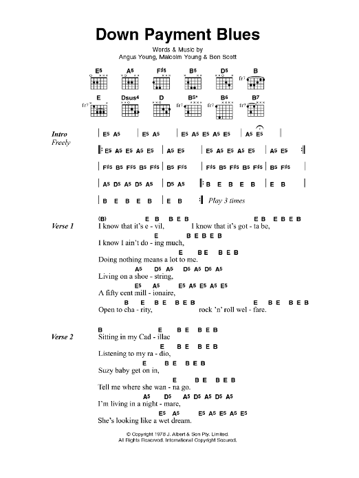 Download AC/DC Down Payment Blues Sheet Music and learn how to play Lyrics & Chords PDF digital score in minutes