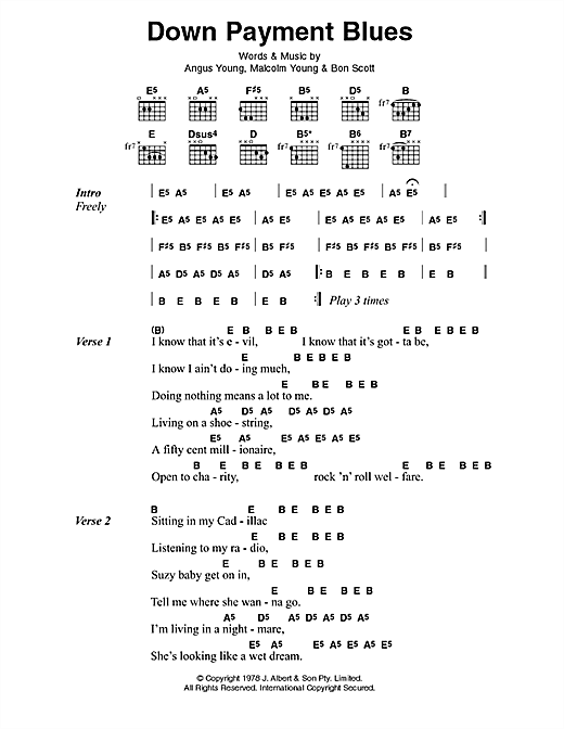 Download AC/DC Down Payment Blues Sheet Music and learn how to play Lyrics & Chords PDF digital score in minutes