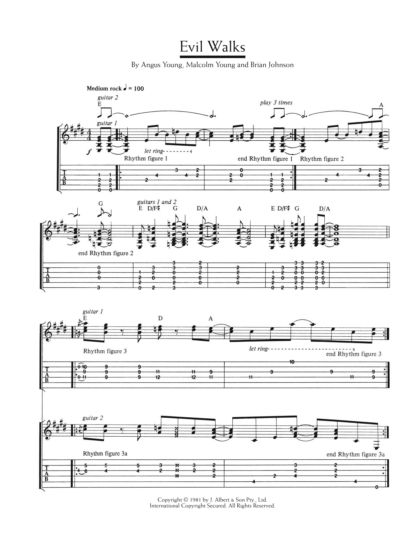 Download AC/DC Evil Walks Sheet Music and learn how to play Lyrics & Chords PDF digital score in minutes