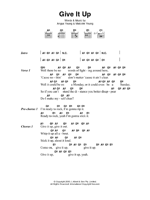 Download AC/DC Give It Up Sheet Music and learn how to play Lyrics & Chords PDF digital score in minutes