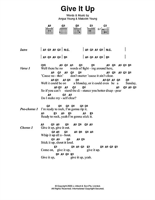 Download AC/DC Give It Up Sheet Music and learn how to play Lyrics & Chords PDF digital score in minutes