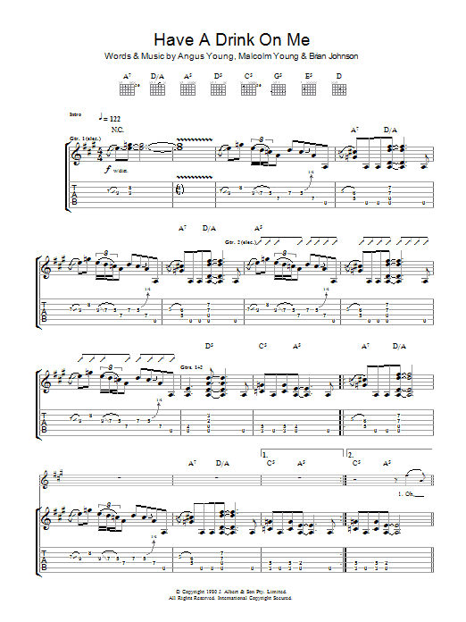 Download AC/DC Have A Drink On Me Sheet Music and learn how to play Guitar Tab PDF digital score in minutes