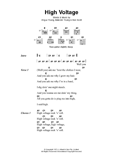 Download AC/DC High Voltage Sheet Music and learn how to play Lyrics & Chords PDF digital score in minutes
