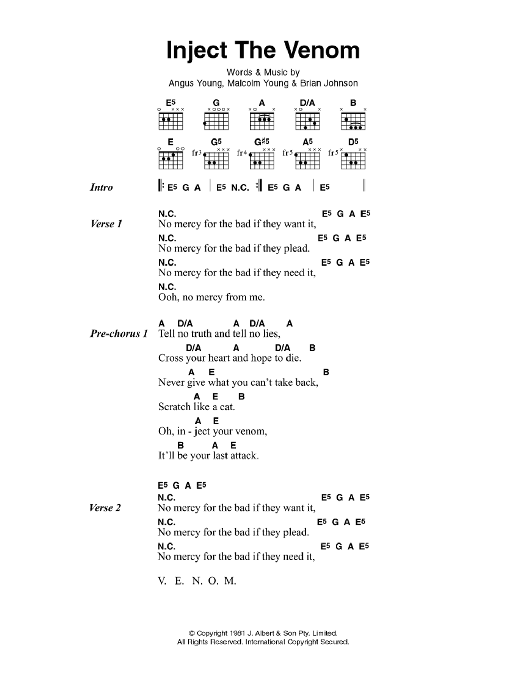 Download AC/DC Inject The Venom Sheet Music and learn how to play Lyrics & Chords PDF digital score in minutes