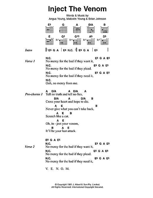 Download AC/DC Inject The Venom Sheet Music and learn how to play Lyrics & Chords PDF digital score in minutes