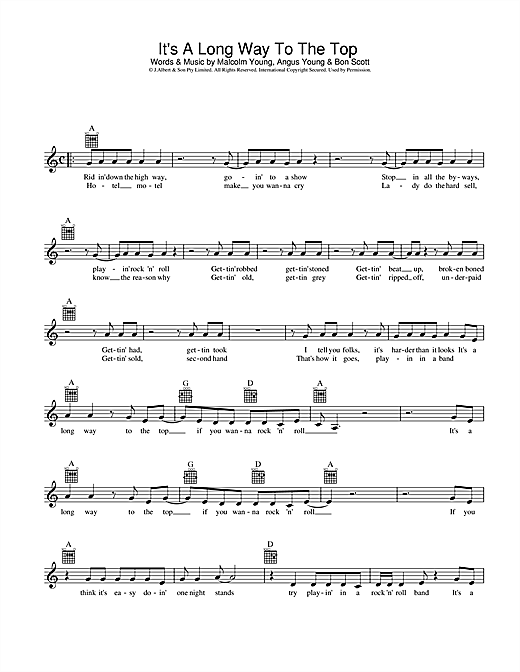 Download AC/DC It's A Long Way To The Top (If You Wanna Rock ‘n' Roll) Sheet Music and learn how to play Lyrics & Chords PDF digital score in minutes