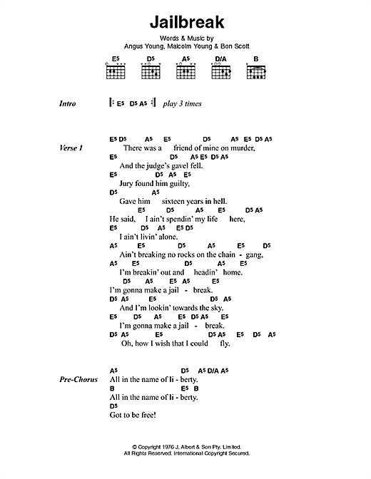 Download AC/DC Jailbreak Sheet Music and learn how to play Lyrics & Chords PDF digital score in minutes