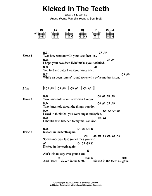 Download AC/DC Kicked In The Teeth Sheet Music and learn how to play Lyrics & Chords PDF digital score in minutes